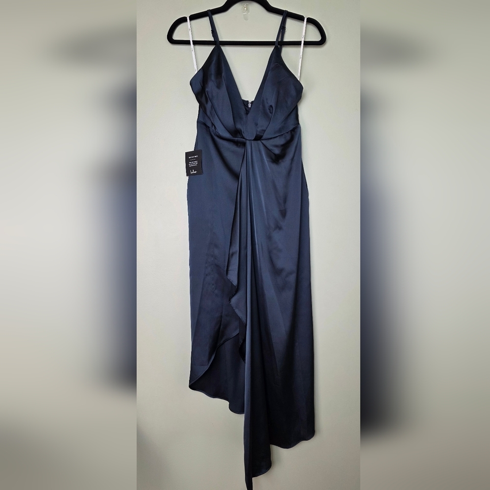 Lulus Caught Feelings Navy Blue Satin Ruffled Midi Dress Size XS - Picture 4 of 12